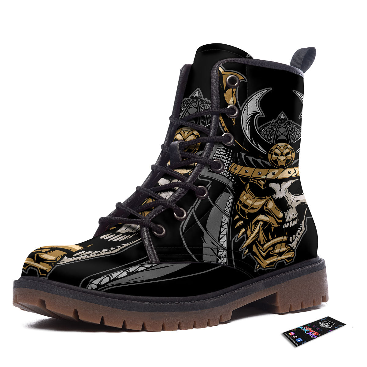 Skull Samurai Warrior Print Work Boots-grizzshop