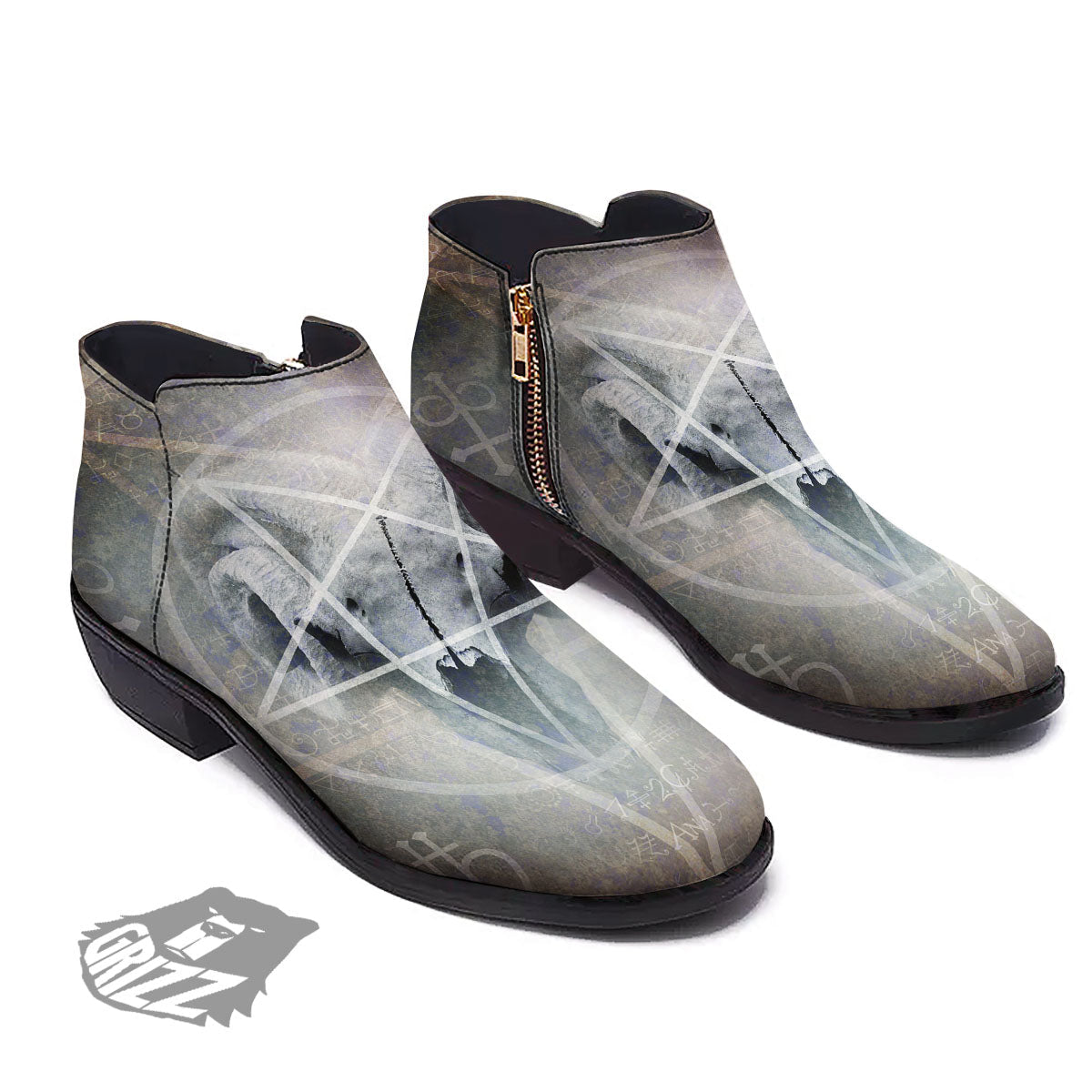 Skull Satanic Pentagram Print Ankle Boots-grizzshop