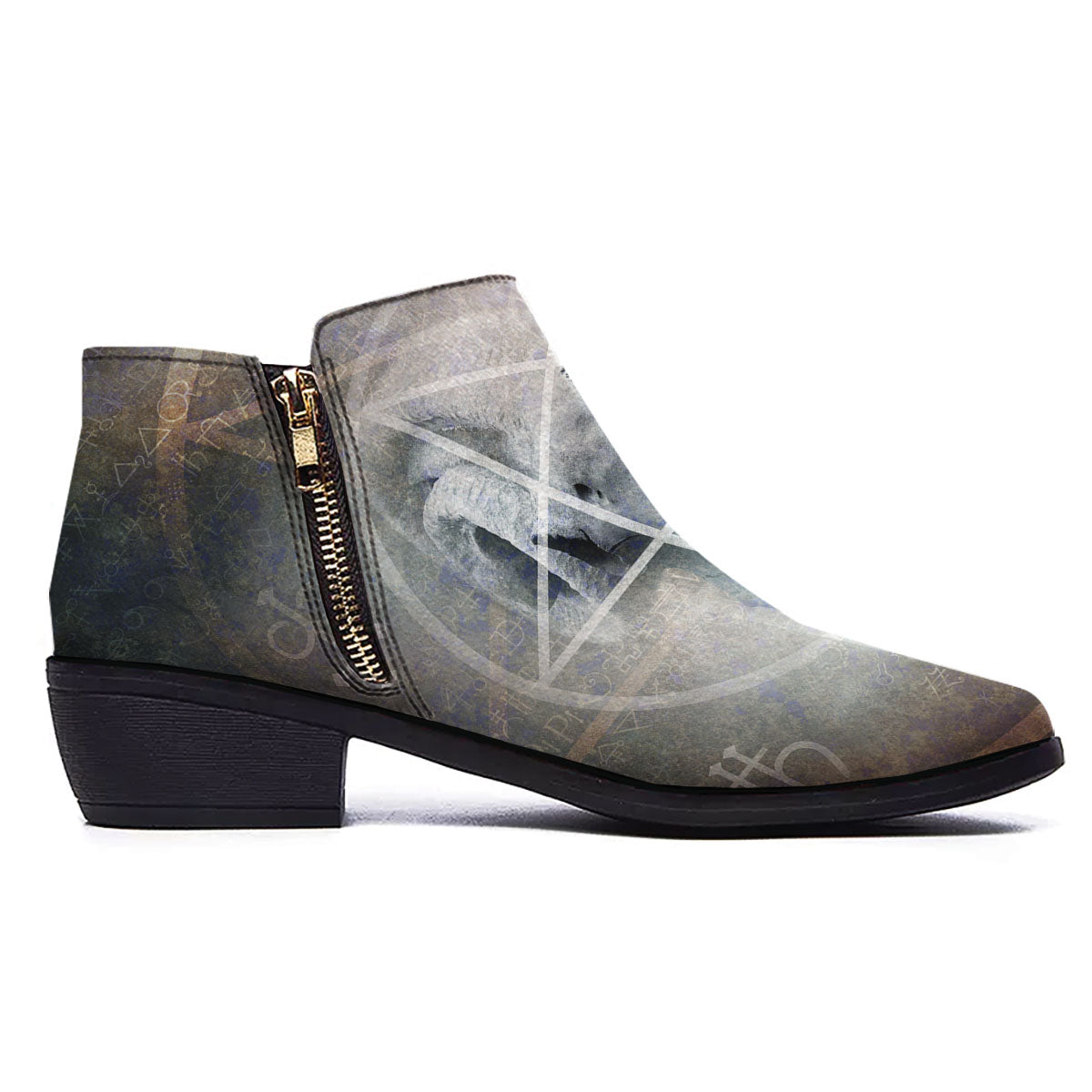 Skull Satanic Pentagram Print Ankle Boots-grizzshop