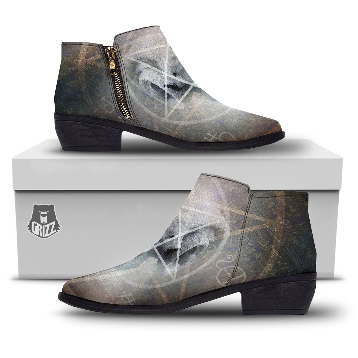 Skull Satanic Pentagram Print Ankle Boots-grizzshop