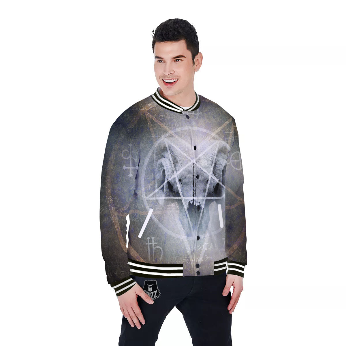 Skull Satanic Pentagram Print Baseball Jacket-grizzshop