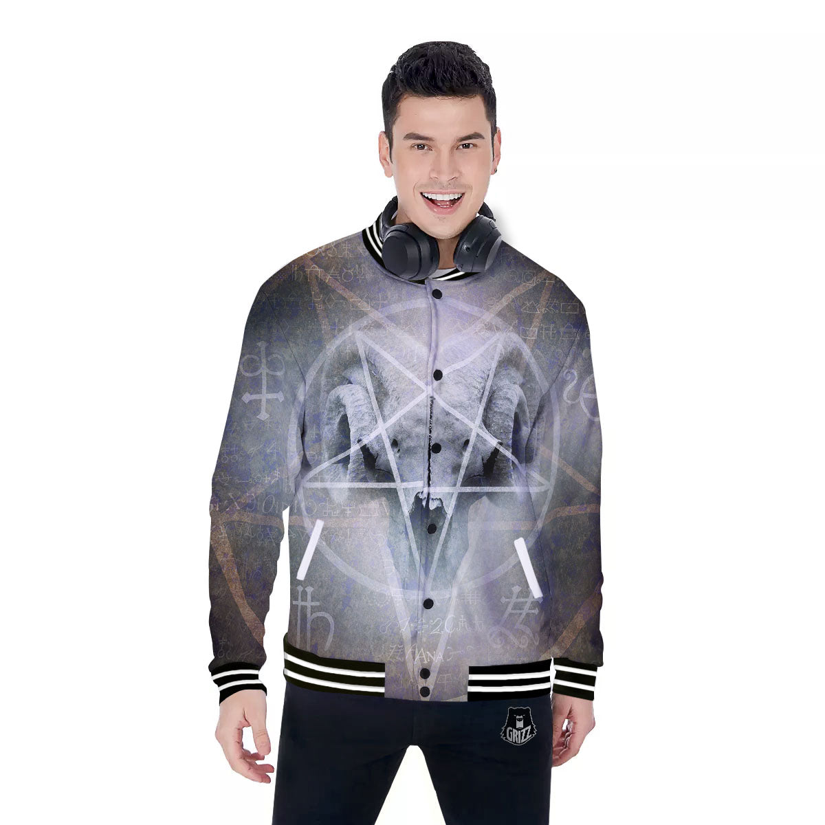 Skull Satanic Pentagram Print Baseball Jacket-grizzshop