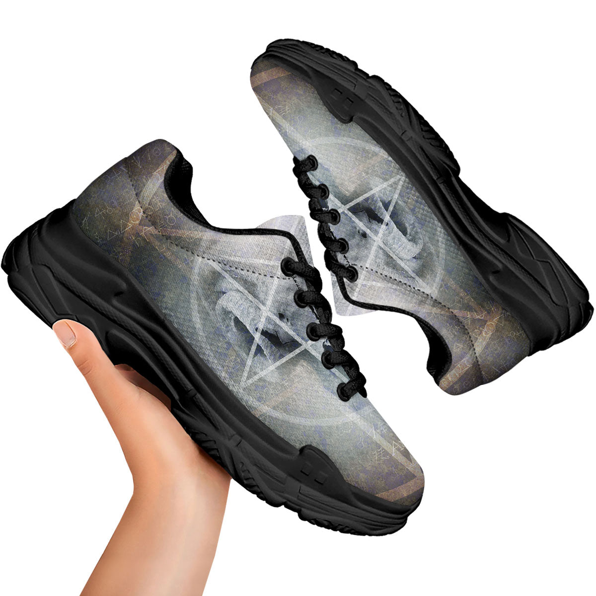 Skull Satanic Pentagram Print Black Chunky Shoes-grizzshop