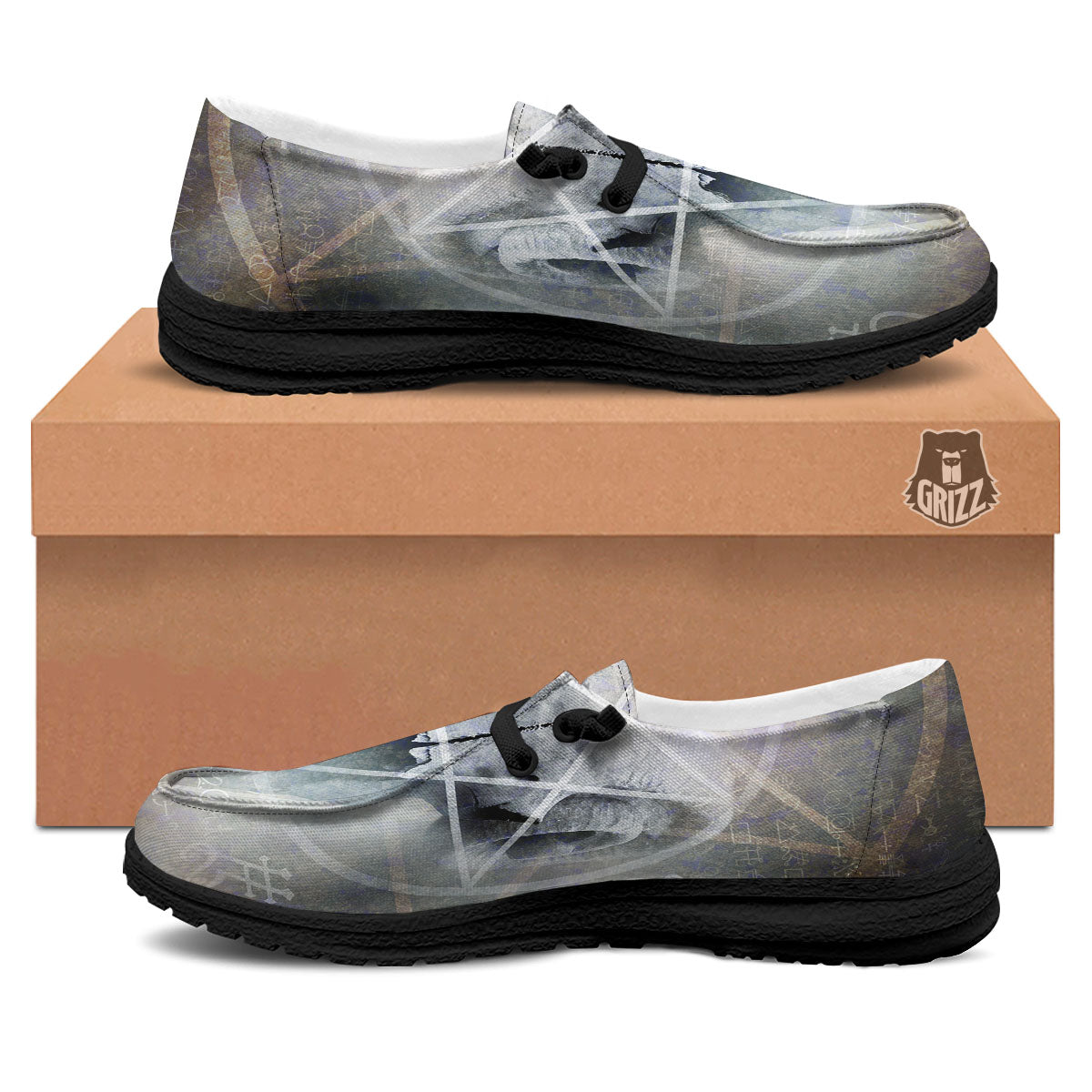 Skull Satanic Pentagram Print Black Loafers-grizzshop