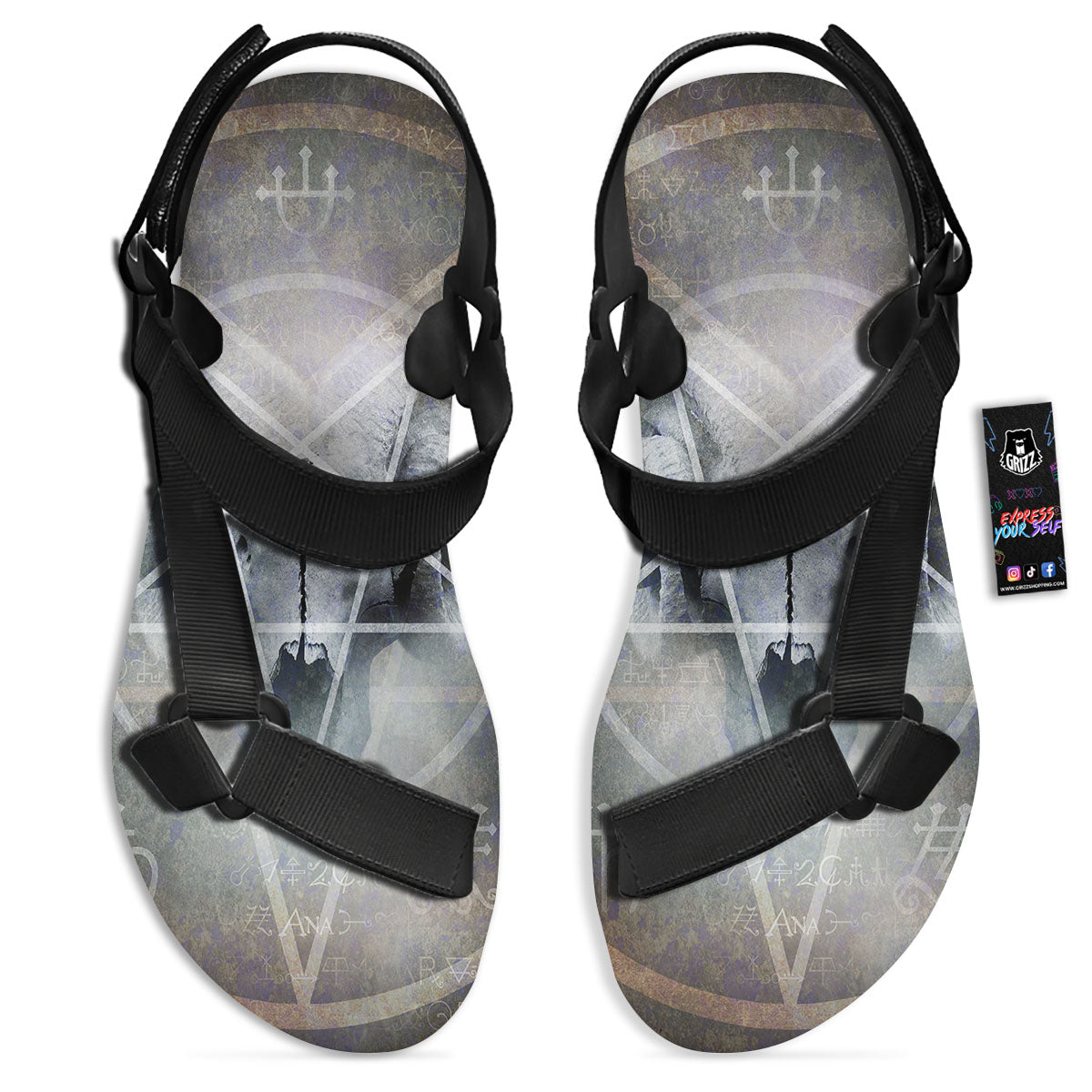 Skull Satanic Pentagram Print Black Open Toe Sandals-grizzshop