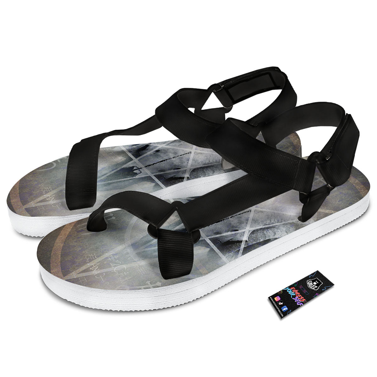 Skull Satanic Pentagram Print Black Open Toe Sandals-grizzshop