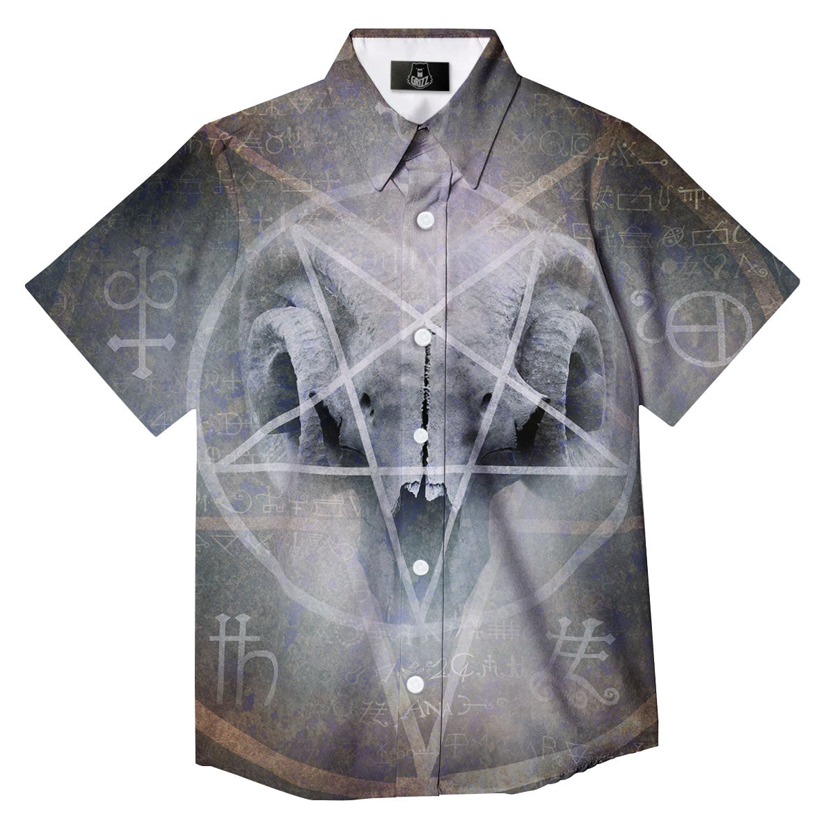 Skull Satanic Pentagram Print Button Up Shirt-grizzshop