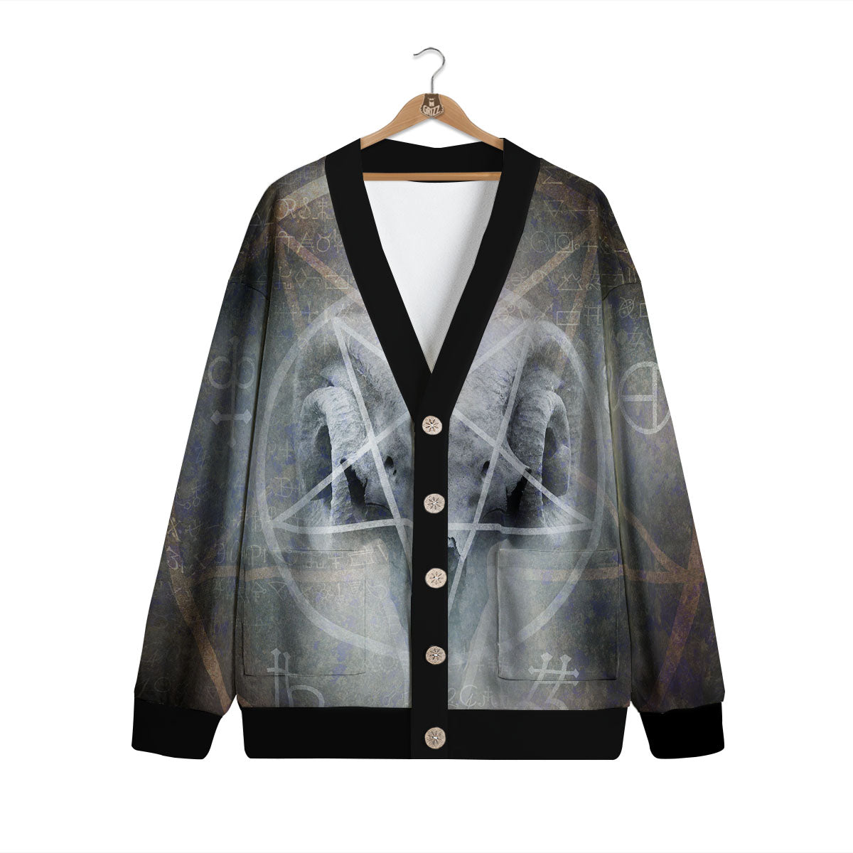 Skull Satanic Pentagram Print Cardigan-grizzshop