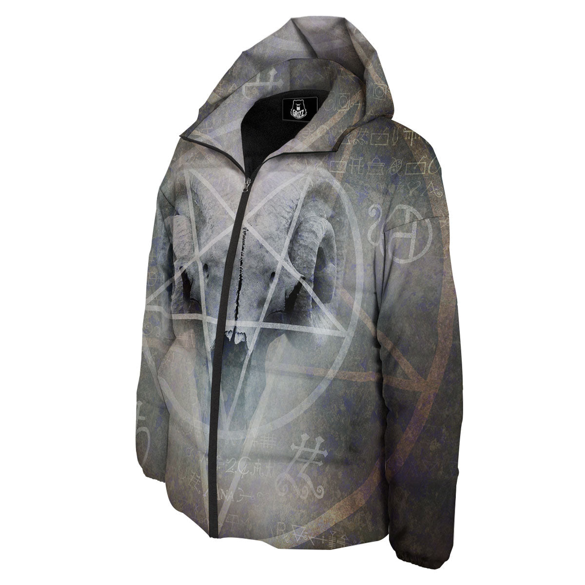 Skull Satanic Pentagram Print Down Jacket-grizzshop