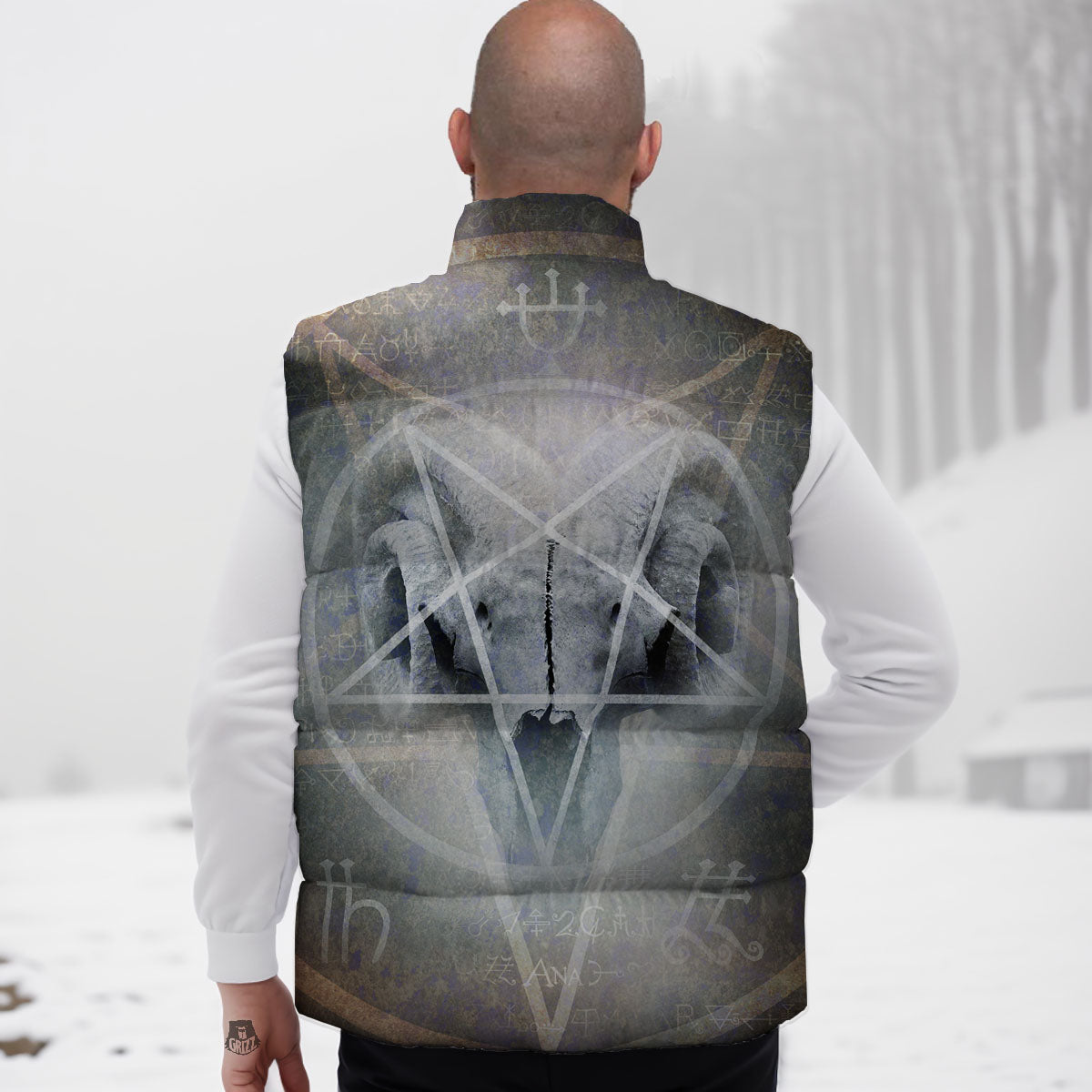 Skull Satanic Pentagram Print Down Vest