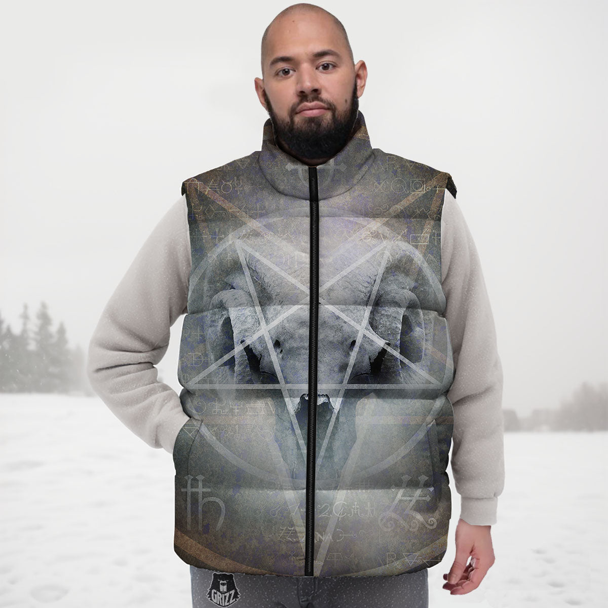 Skull Satanic Pentagram Print Down Vest