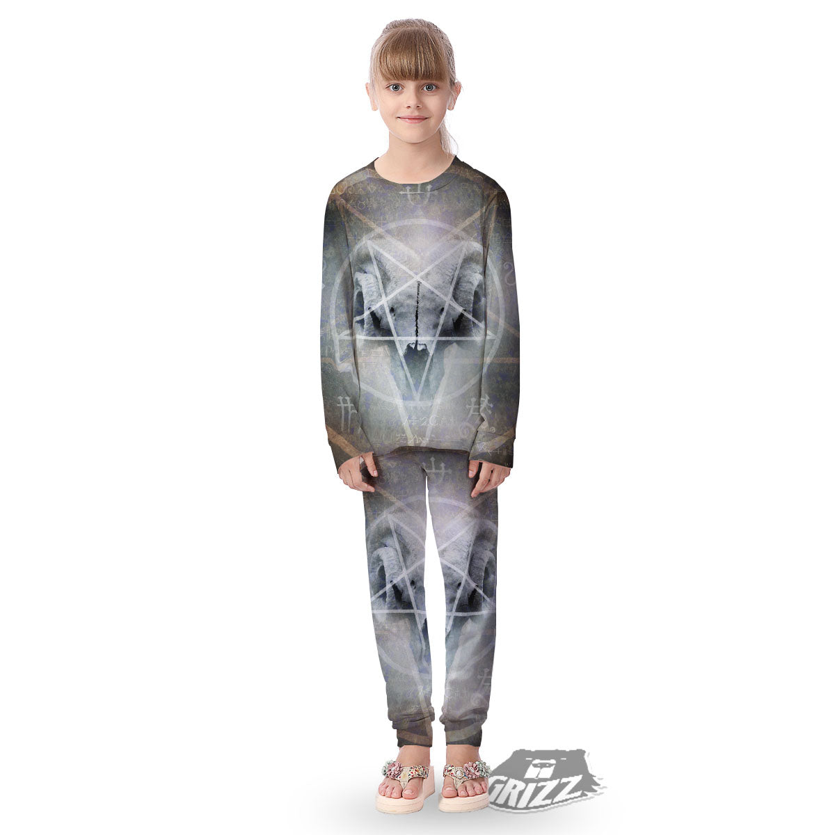 Skull Satanic Pentagram Print Kid's Pajamas-grizzshop