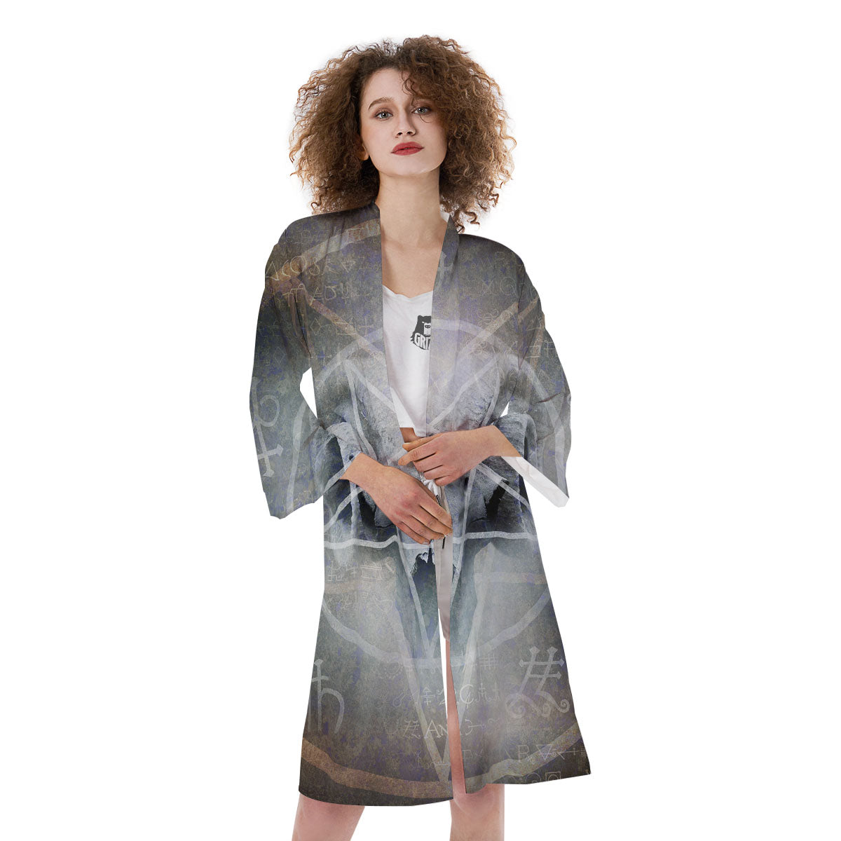 Skull Satanic Pentagram Print Kimono-grizzshop