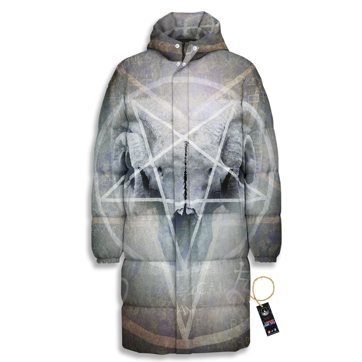 Skull Satanic Pentagram Print Long Down Jacket-grizzshop