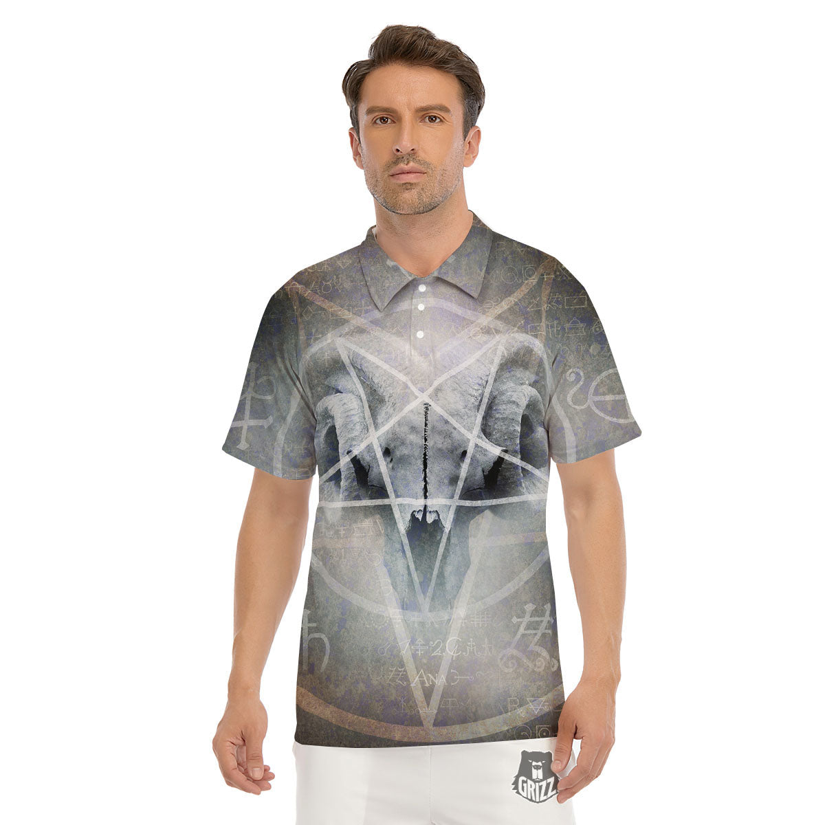 Skull Satanic Pentagram Print Men's Golf Shirts-grizzshop