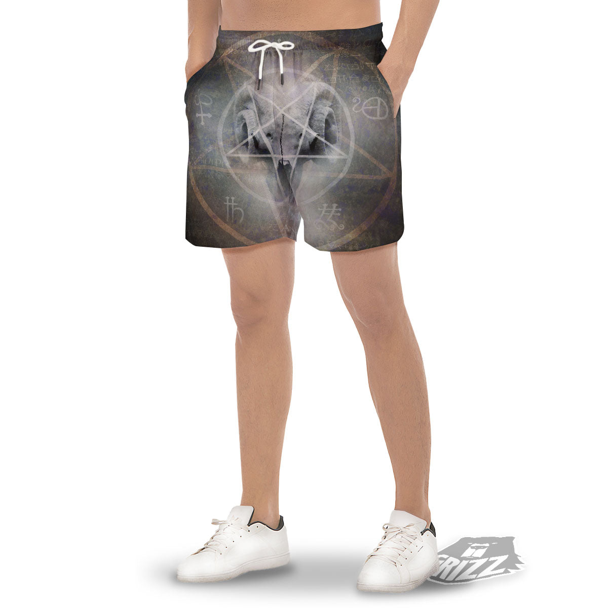 Skull Satanic Pentagram Print Men's Gym Shorts-grizzshop