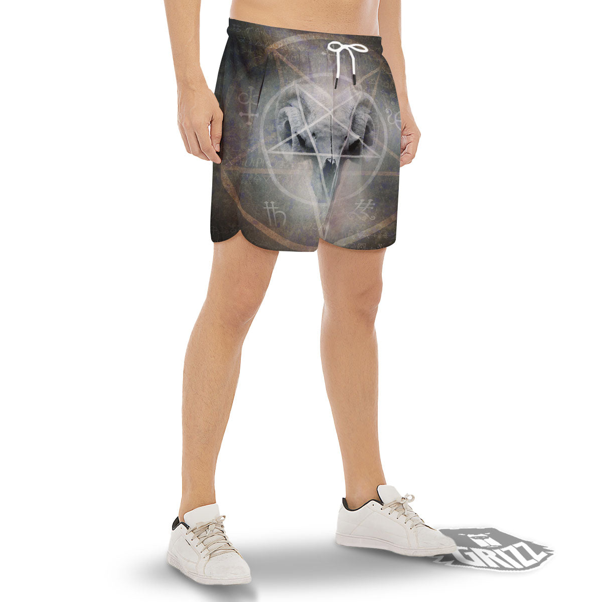 Skull Satanic Pentagram Print Men's Gym Shorts-grizzshop