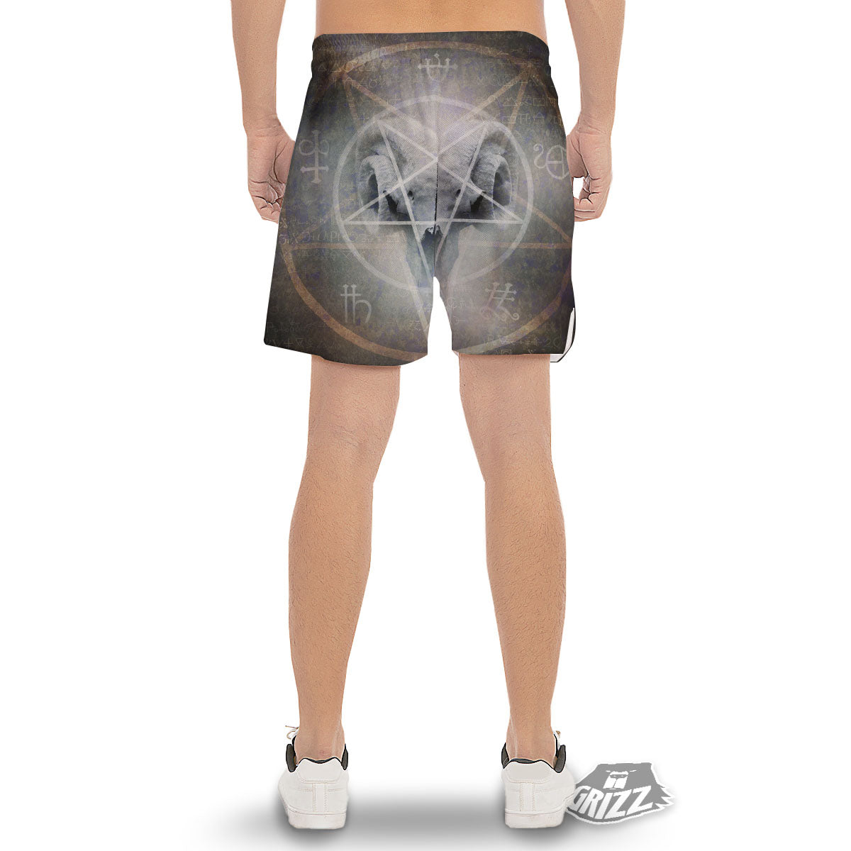 Skull Satanic Pentagram Print Men's Gym Shorts-grizzshop