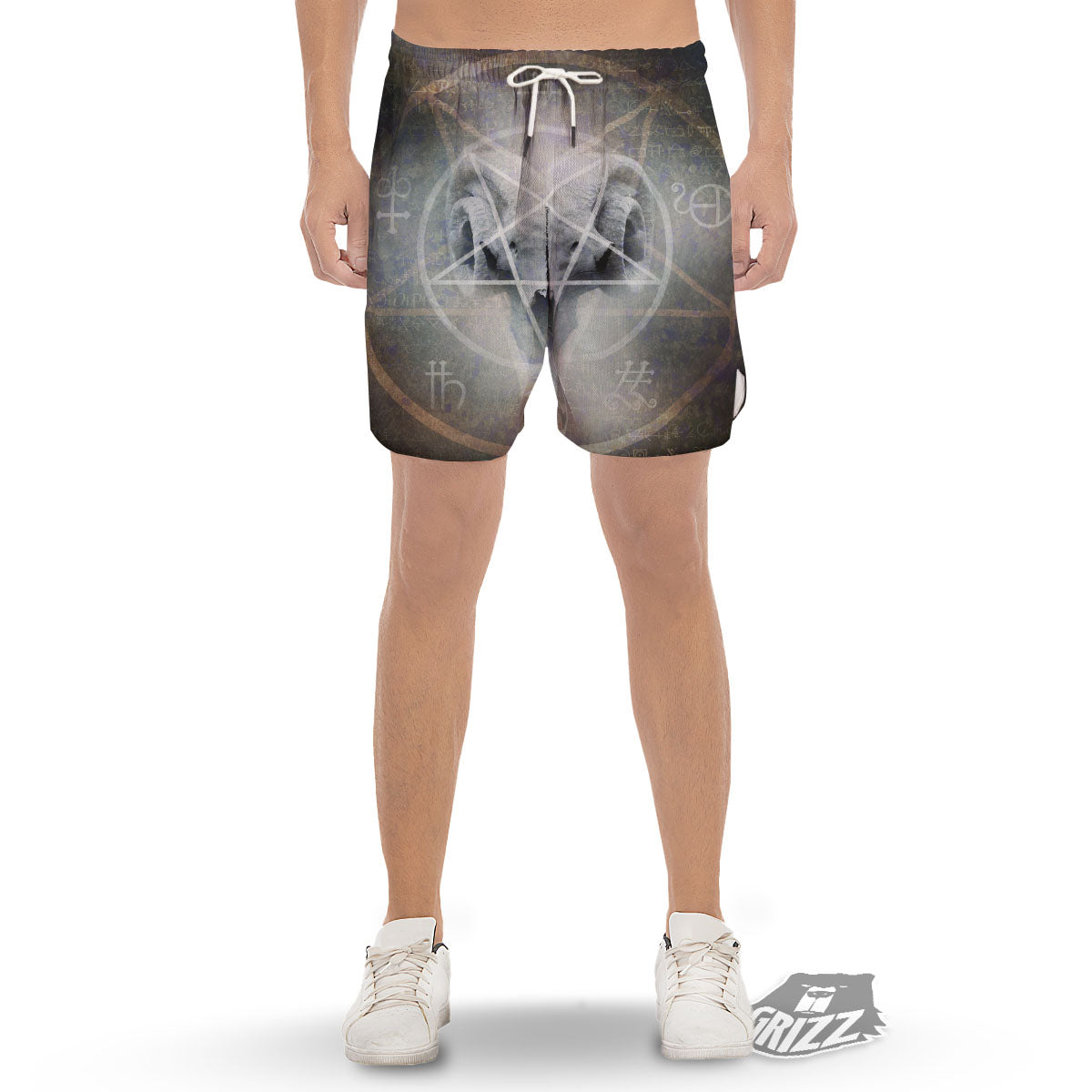 Skull Satanic Pentagram Print Men's Gym Shorts-grizzshop