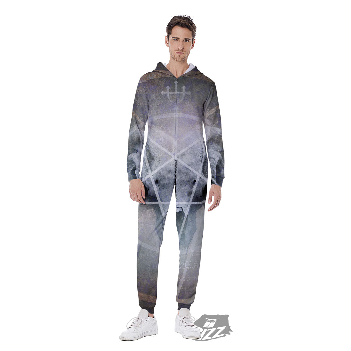 Skull Satanic Pentagram Print Men's Jumpsuit-grizzshop