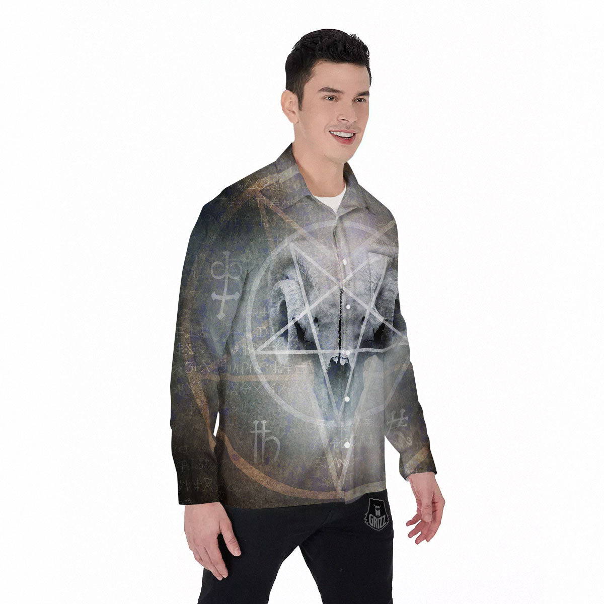 Skull Satanic Pentagram Print Men's Long Sleeve Shirts-grizzshop