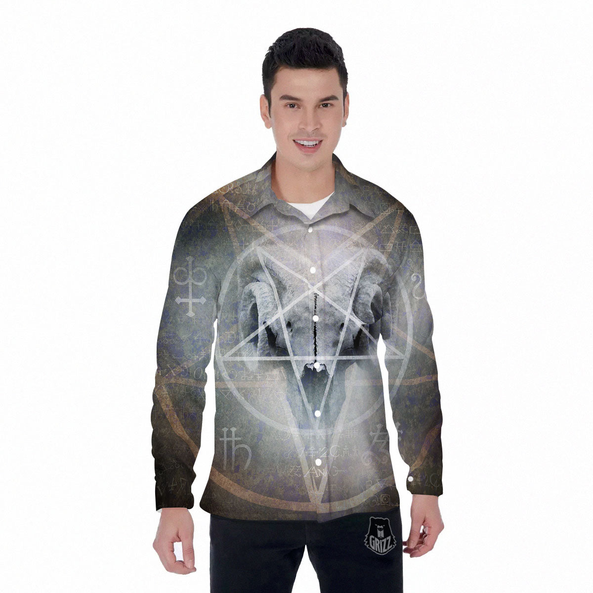 Skull Satanic Pentagram Print Men's Long Sleeve Shirts-grizzshop