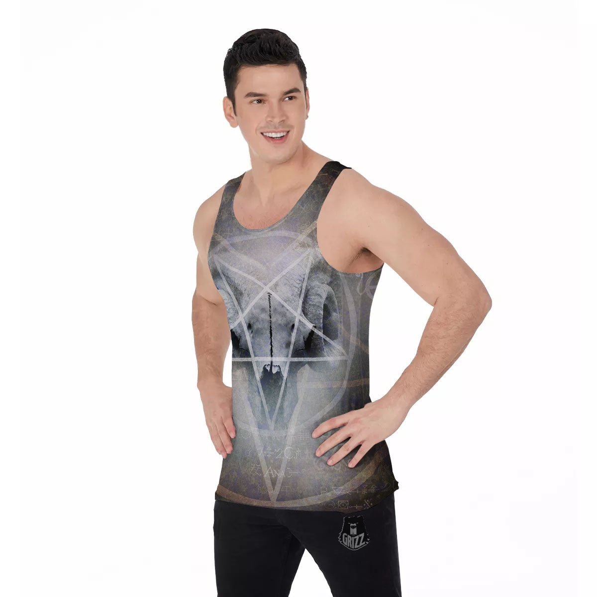 Skull Satanic Pentagram Print Men's Tank Top-grizzshop
