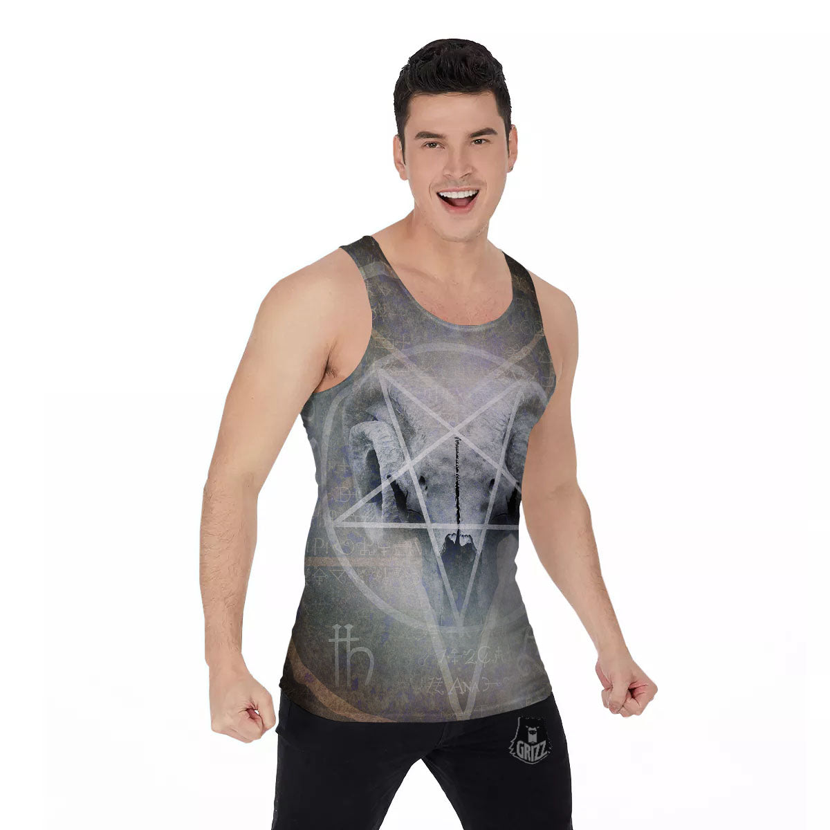 Skull Satanic Pentagram Print Men's Tank Top-grizzshop