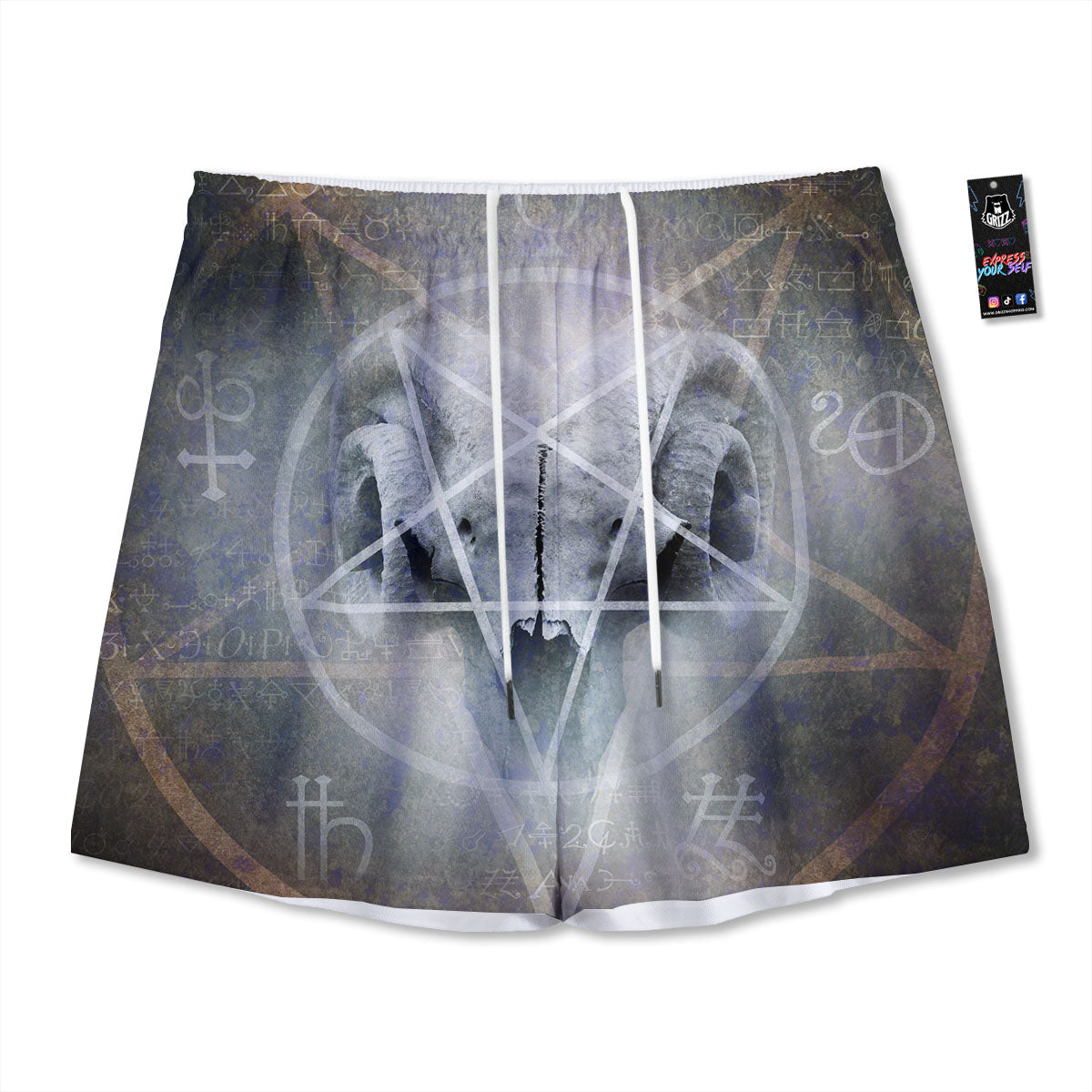 Skull Satanic Pentagram Print Mesh Shorts