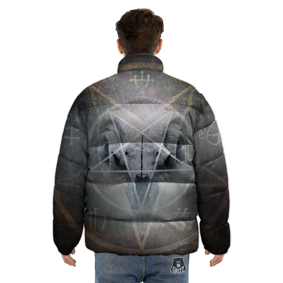 Skull Satanic Pentagram Print Puffer Jacket-grizzshop