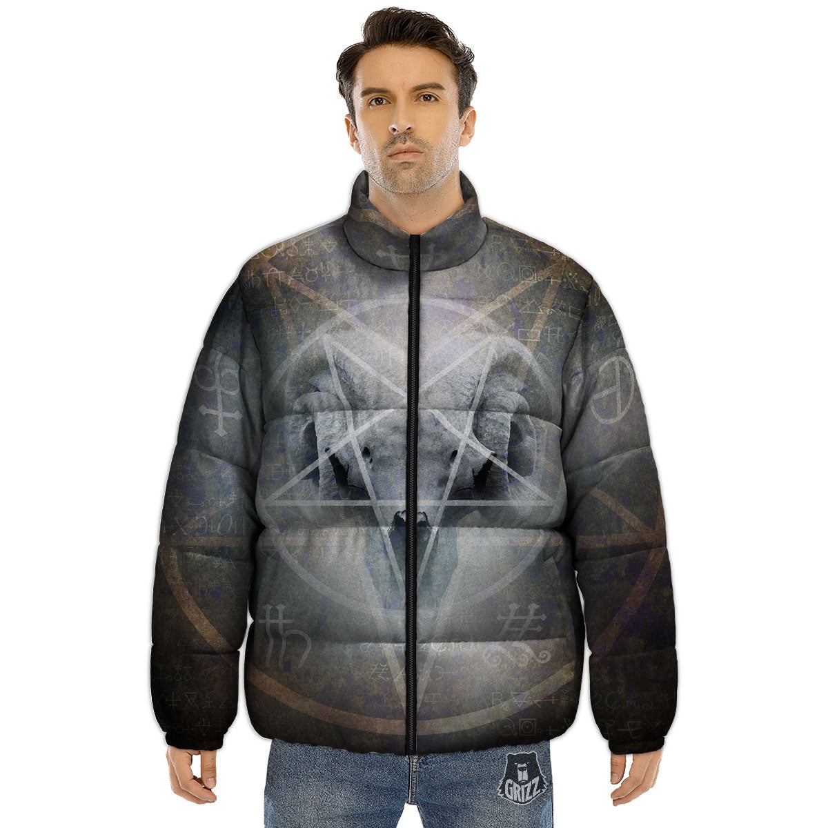 Skull Satanic Pentagram Print Puffer Jacket-grizzshop