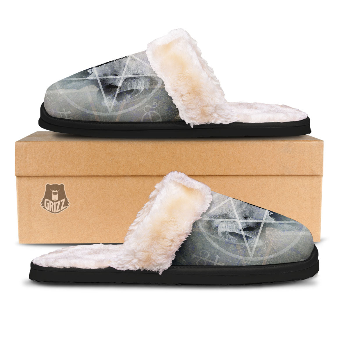 Skull Satanic Pentagram Print Slippers-grizzshop