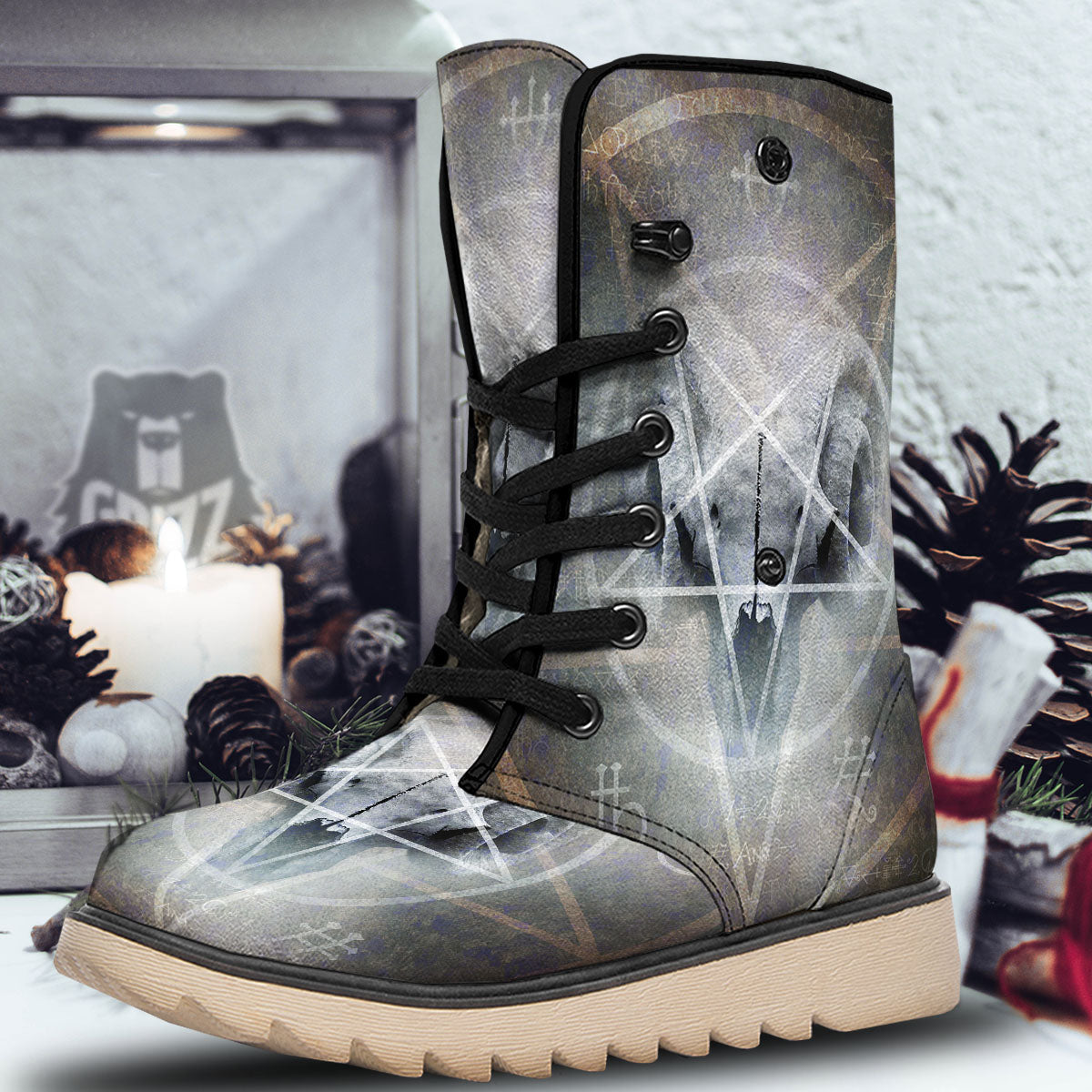 Skull Satanic Pentagram Print Snow Boots-grizzshop