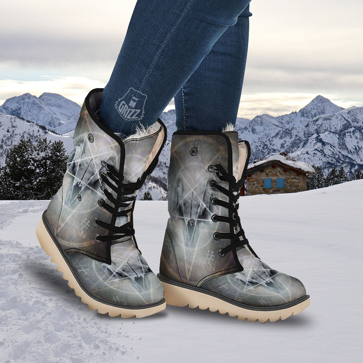 Skull Satanic Pentagram Print Snow Boots-grizzshop