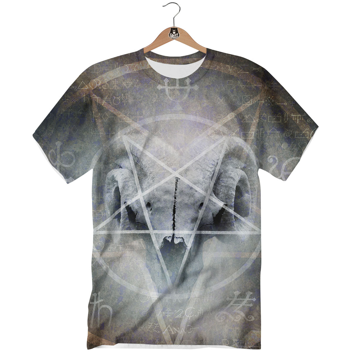 Skull Satanic Pentagram Print T-Shirt-grizzshop
