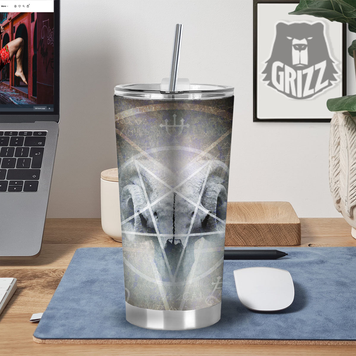 Skull Satanic Pentagram Print Tumbler-grizzshop