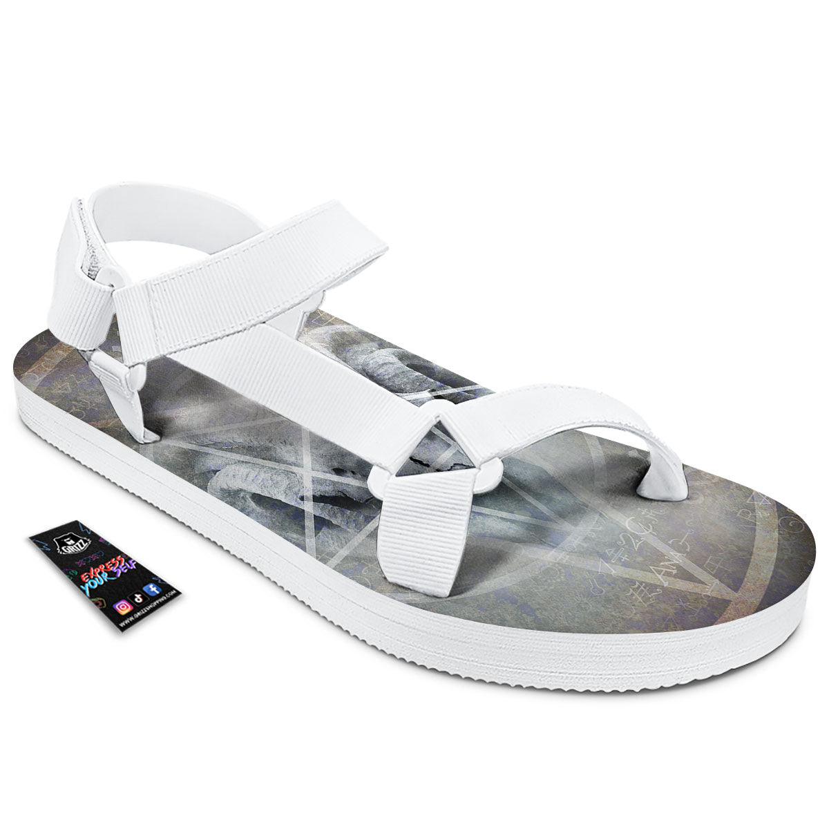 Skull Satanic Pentagram Print White Open Toe Sandals-grizzshop