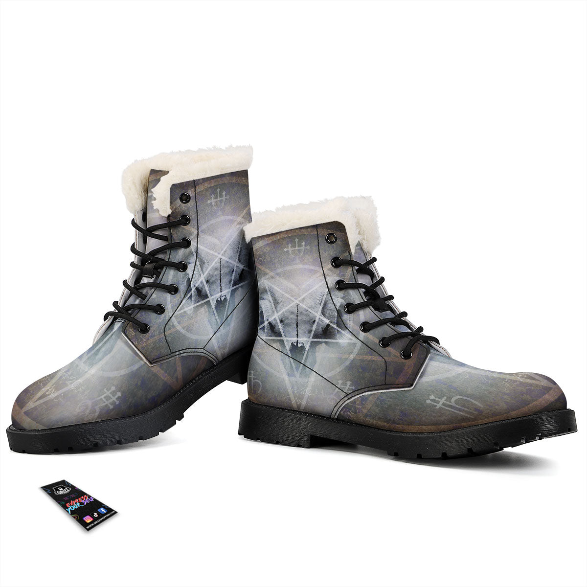 Skull Satanic Pentagram Print Winter Boots-grizzshop