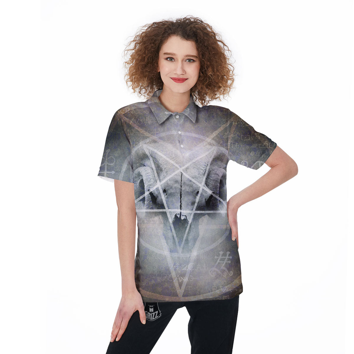 Skull Satanic Pentagram Print Women's Golf Shirts-grizzshop