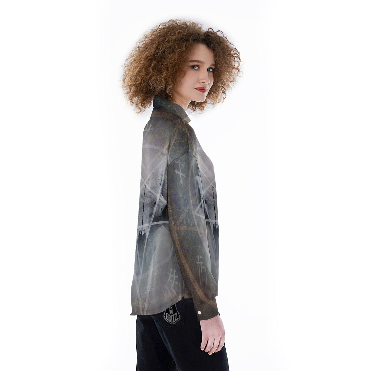 Skull Satanic Pentagram Print Women's Long Sleeve Shirts-grizzshop
