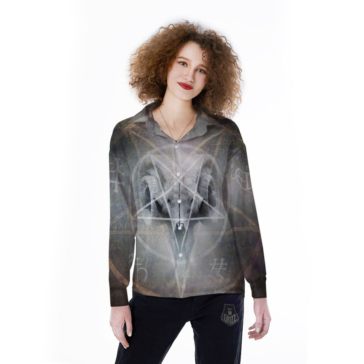 Skull Satanic Pentagram Print Women's Long Sleeve Shirts-grizzshop