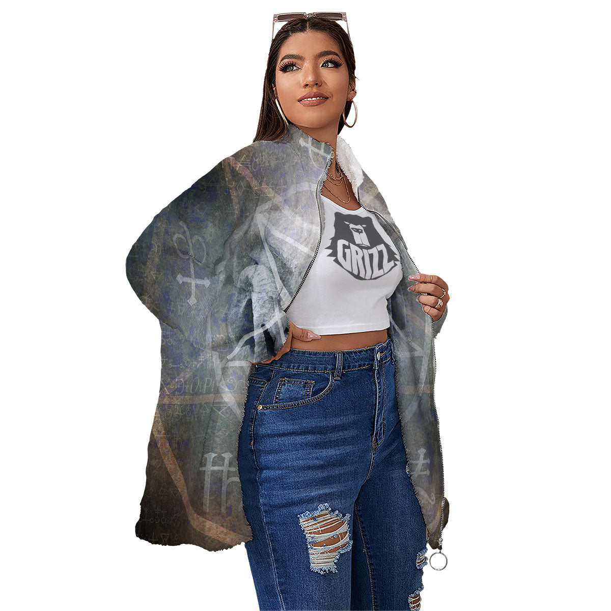 Skull Satanic Pentagram Print Women's Sherpa Jacket-grizzshop