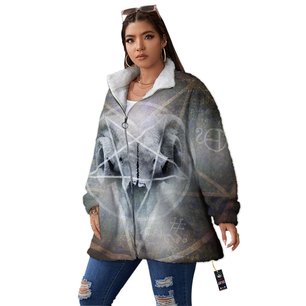 Skull Satanic Pentagram Print Women's Sherpa Jacket-grizzshop