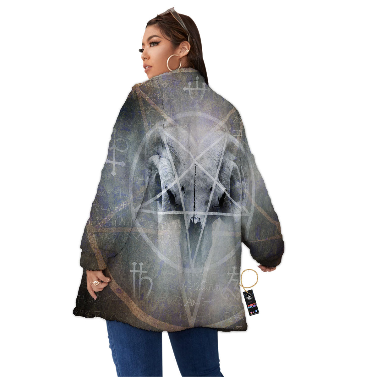 Skull Satanic Pentagram Print Women's Sherpa Jacket-grizzshop