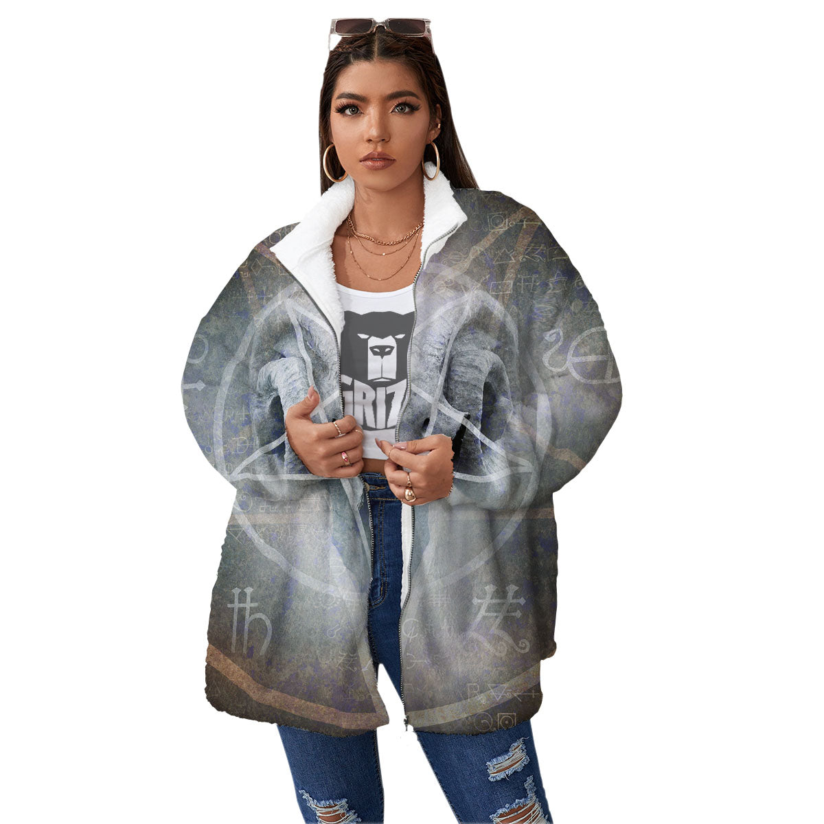 Skull Satanic Pentagram Print Women's Sherpa Jacket-grizzshop