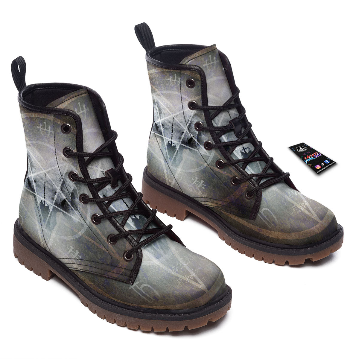 Skull Satanic Pentagram Print Work Boots-grizzshop