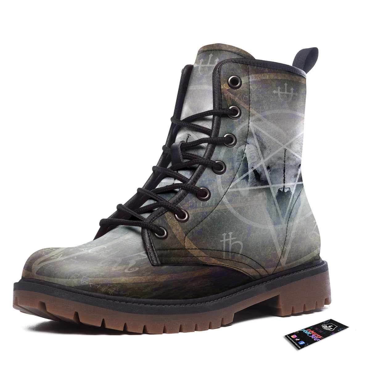Skull Satanic Pentagram Print Work Boots-grizzshop