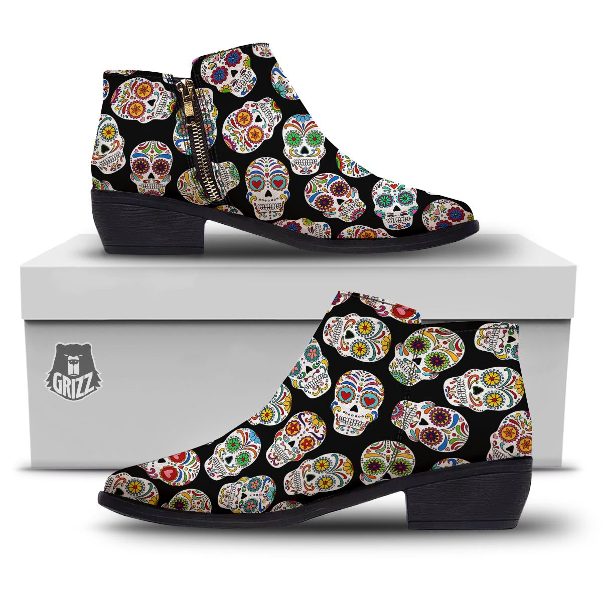Skull Sugar Print Pattern Ankle Boots-grizzshop