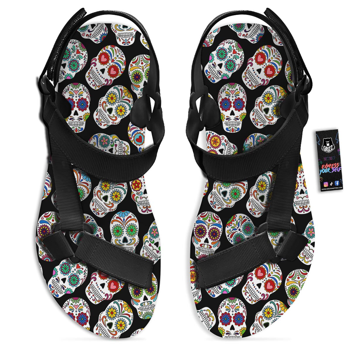 Skull Sugar Print Pattern Black Open Toe Sandals-grizzshop