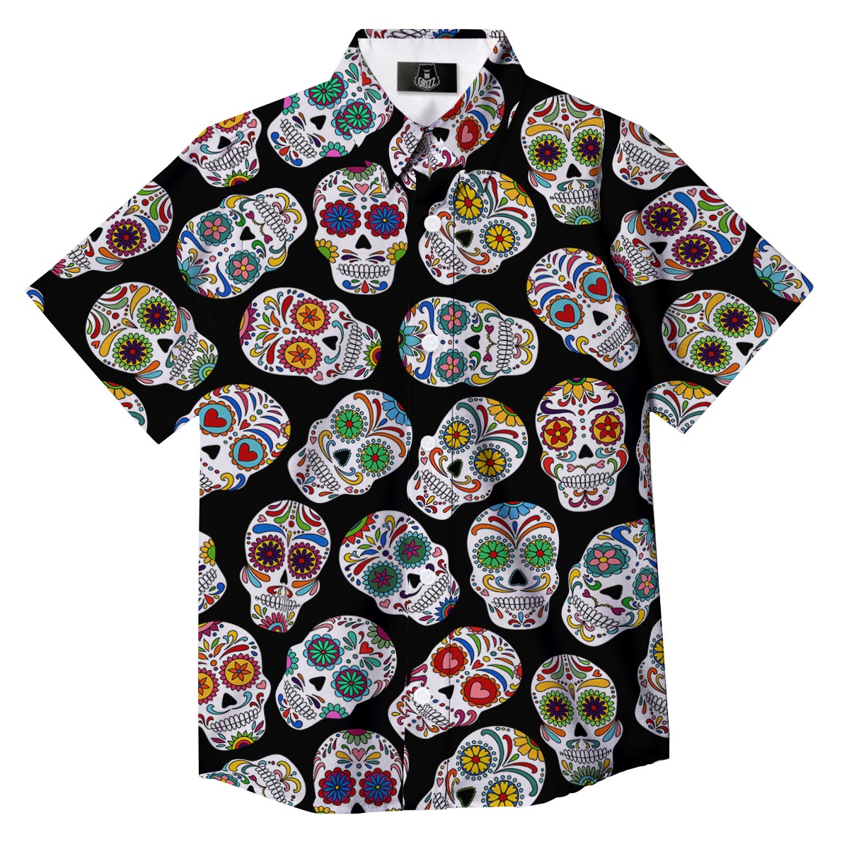 Skull Sugar Print Pattern Button Up Shirt-grizzshop